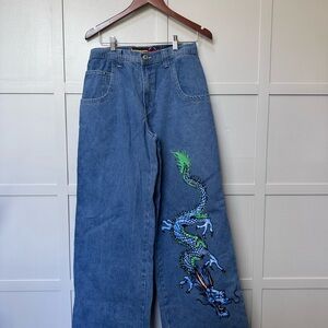 JNCO Blue Jeans with Green & Teal Dragon Embroidery